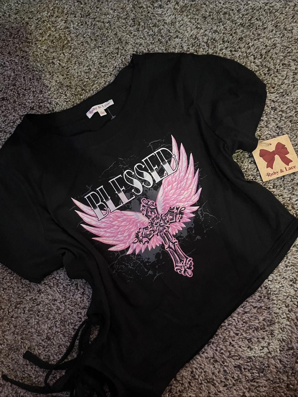 Ruby & Lace Black Tee with Pink Winged Cross Graphic - Blessed